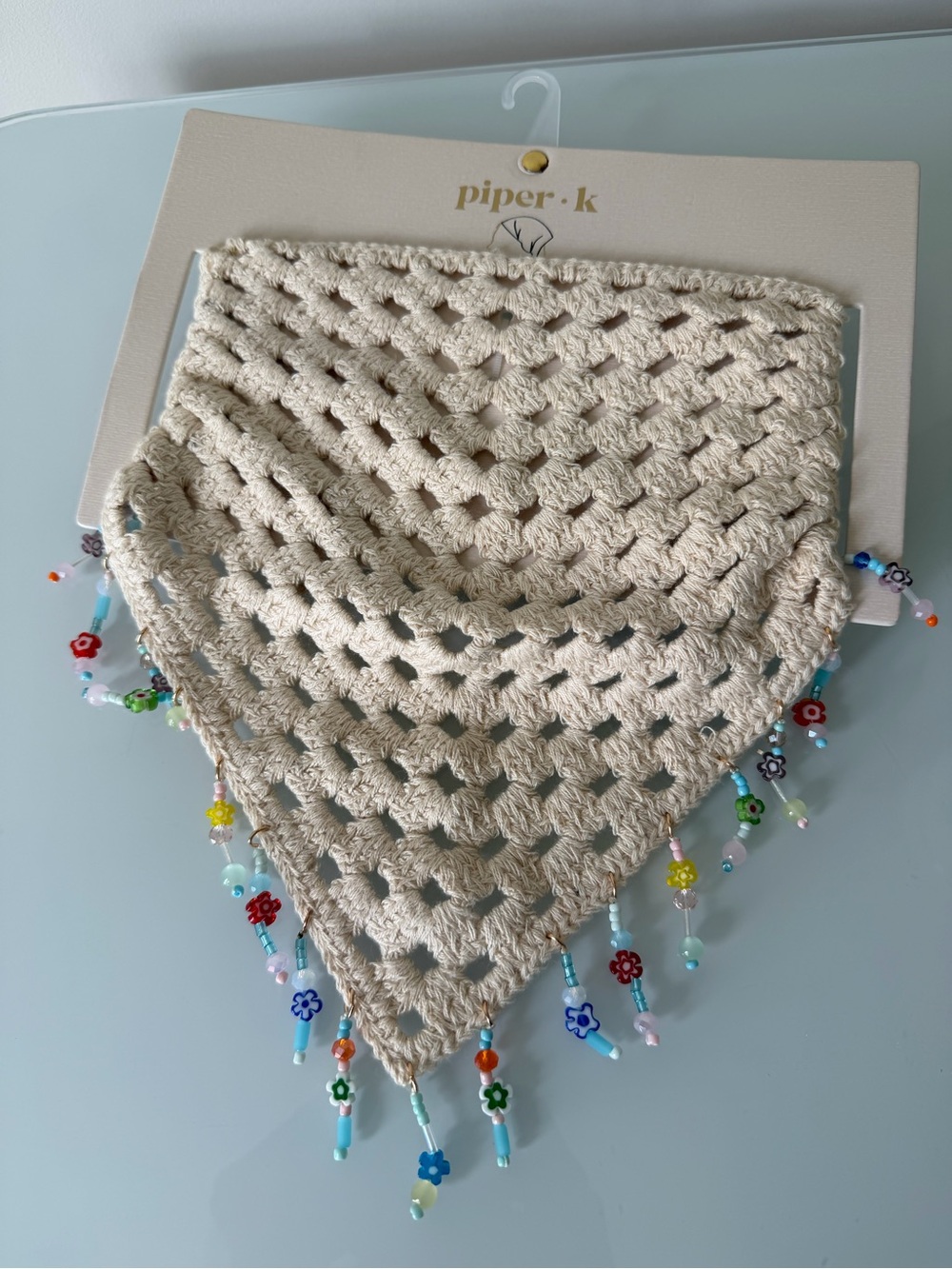 piper k Cream Crochet Beaded Triangle Scarf Bandana with glass bead fringe